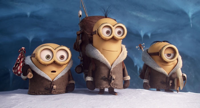 Minions Kevin, Stuart, and Bob in the snow