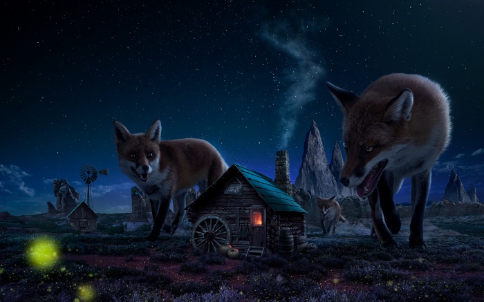 Foxes near a cabin under a starry night sky
