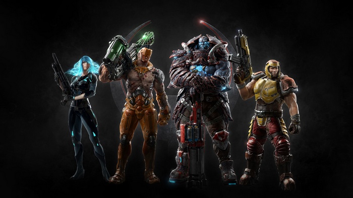 Quake Champions characters: Scalebearer, Nyx, Ranger, Visor