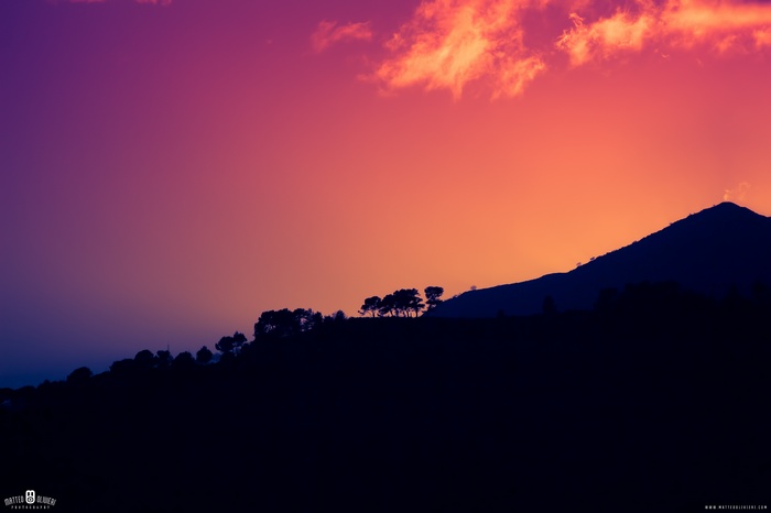 Silhouette of mountains and trees at dusk in Italy