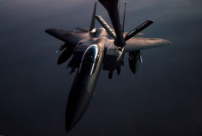 US Air Force F-15 Eagle refueling mid-air