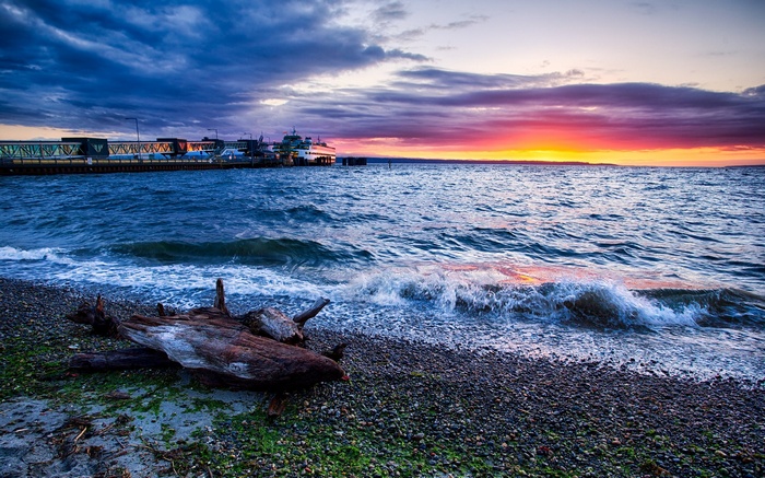 Sunset over Puget Sound with ferry terminal
