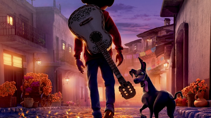 Miguel from Coco with a guitar and a dog