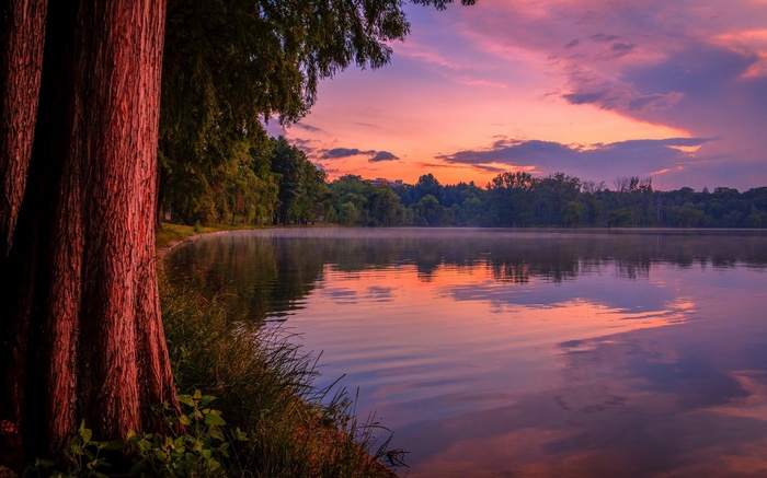 Lake at sunrise with colorful sky and tree