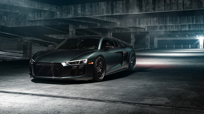 Dark Audi R8 with Vossen Wheels in Parking Garage