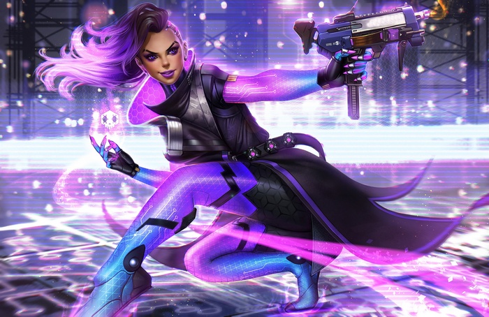 Sombra from Overwatch in a futuristic city