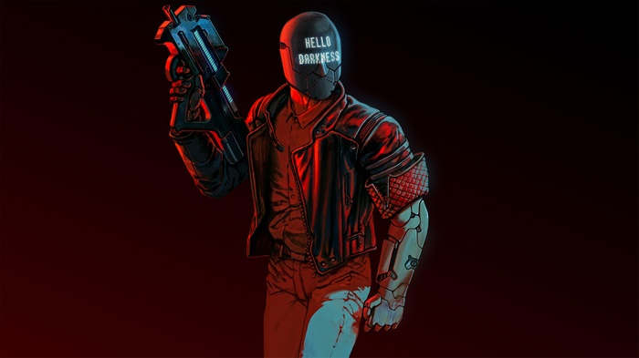 RUINER character with "Hello Darkness" mask and gun