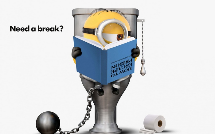 Minion from Despicable Me 3 reading a book on a toilet