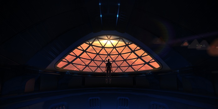 Astronaut looking out a large window at a planet