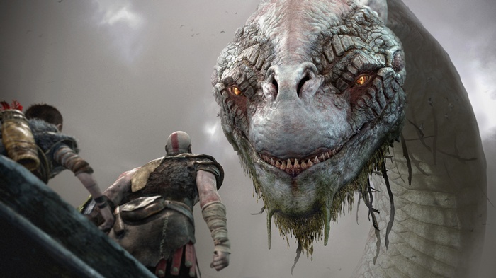 Kratos and Atreus face Jörmungandr in God of War