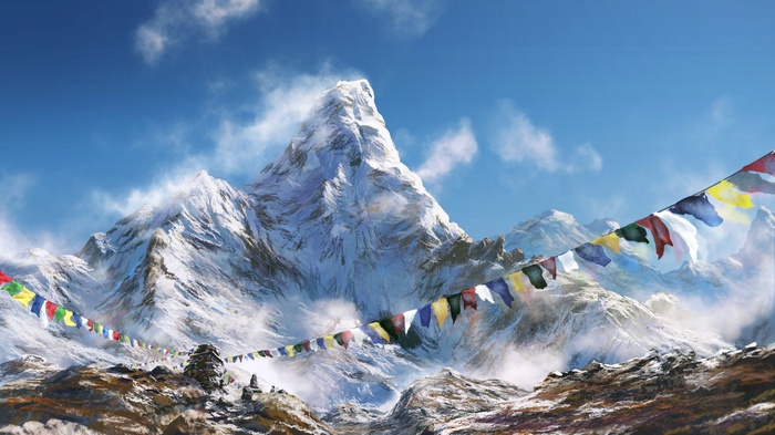 Snowy Himalayas with Prayer Flags