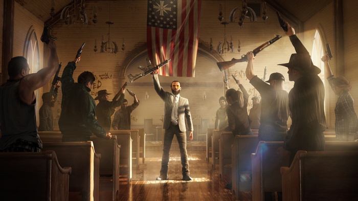 Joseph Seed and followers in a church with guns