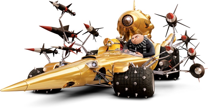 Gru from Despicable Me 3 in a golden car with missiles