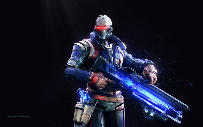 Soldier: 76 from Overwatch holding a glowing weapon