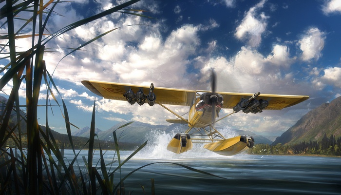 Artwork of a floatplane from Far Cry 5 taking off from a lake