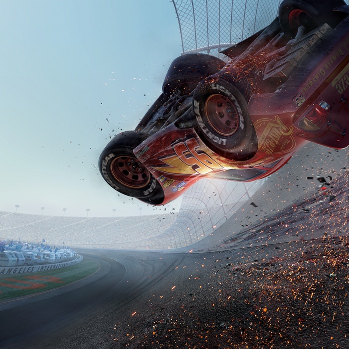 Lightning McQueen from Cars 3 crashing on a racetrack