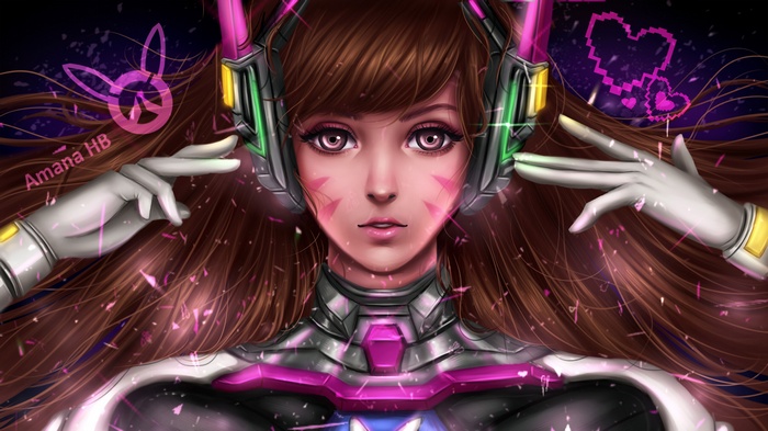 D.Va from Overwatch with bunny logo and pixel hearts