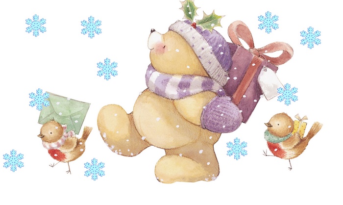 Christmas Bear with Gifts and Birds