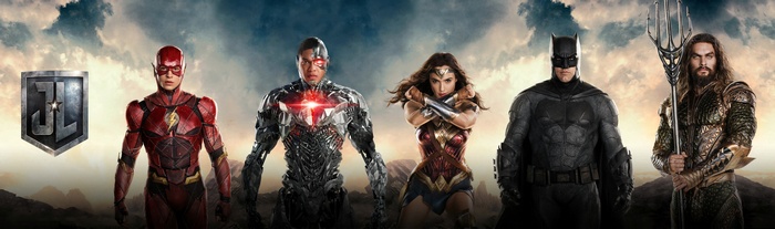Justice League characters: The Flash, Cyborg, Wonder Woman, Batman, Aquaman