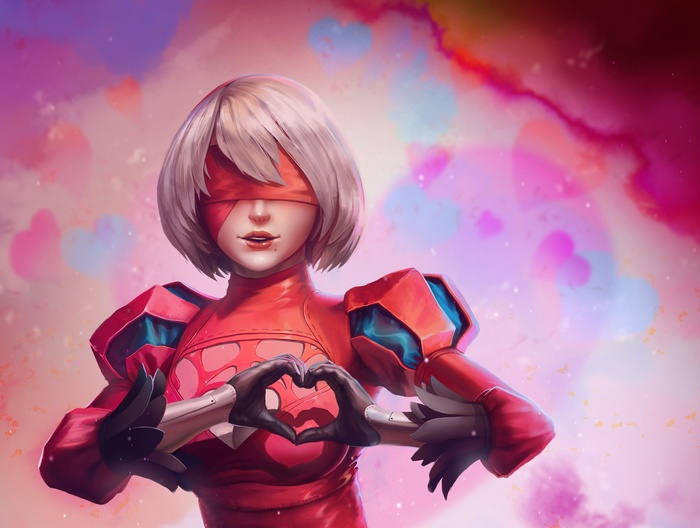 Girl with blindfold making heart shape