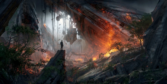 Artwork of a destroyed futuristic structure with a lone figure