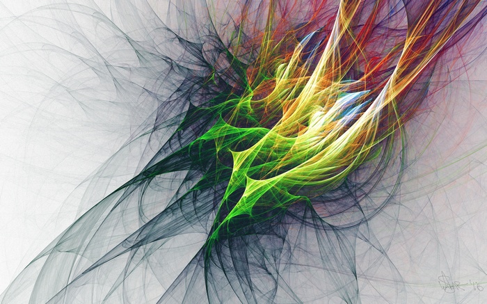 Abstract fractal art with green, yellow, and red streaks