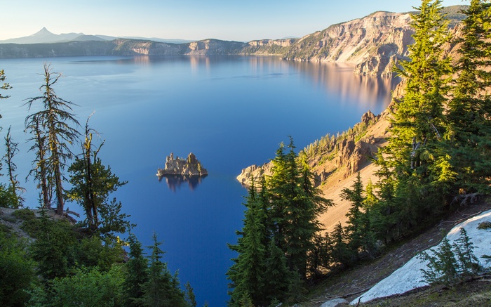 Sunset, Crater Lake, Oregon, 4K, Ghost ship, Rock island