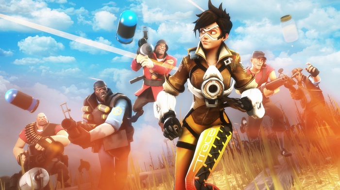 Tracer and Team Fortress 2 characters in 4K