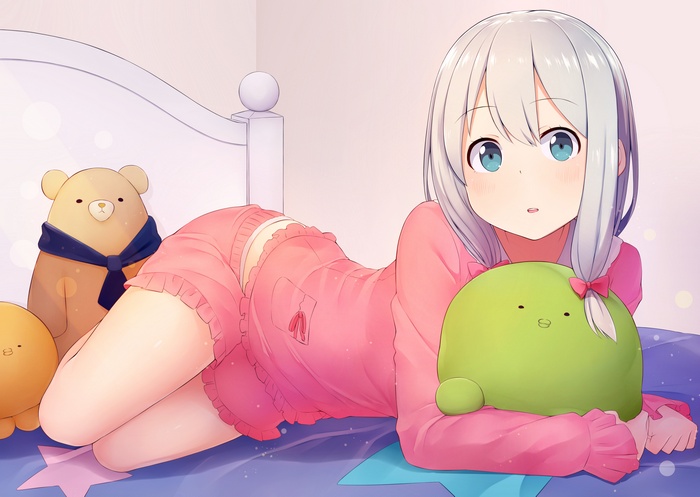 Izumi Sagiri from EroManga-Sensei lying on a bed with plush toys