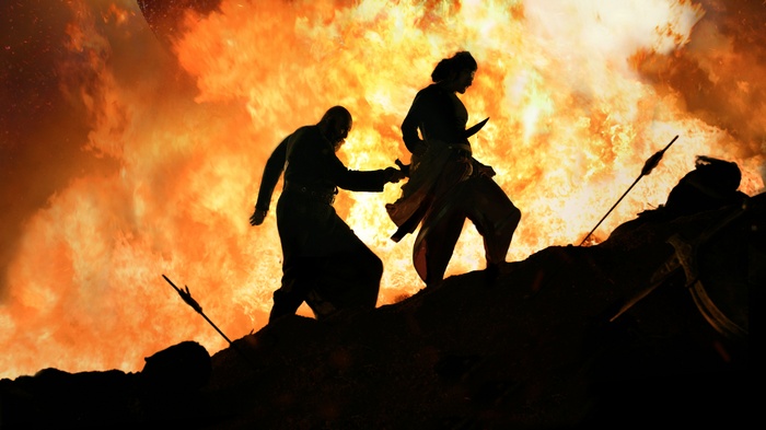 Kattappa and Baahubali from Baahubali 2: The Conclusion in fire