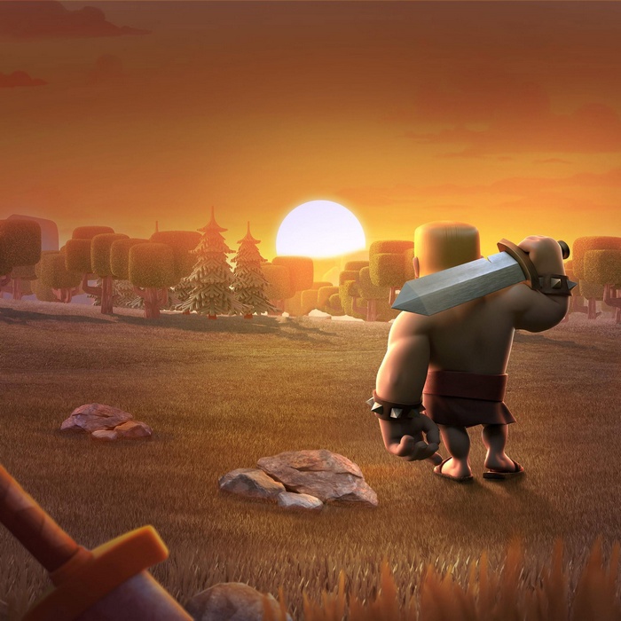 Barbarian from Clash of Clans with sword at sunset