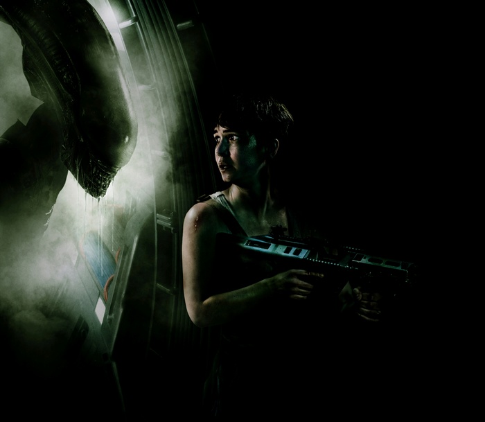 Katherine Waterston and Xenomorph from Alien: Covenant