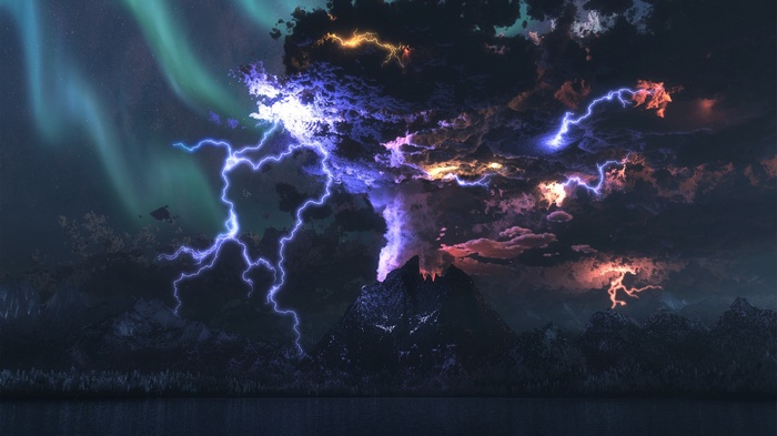 Volcano erupting with lightning and aurora borealis