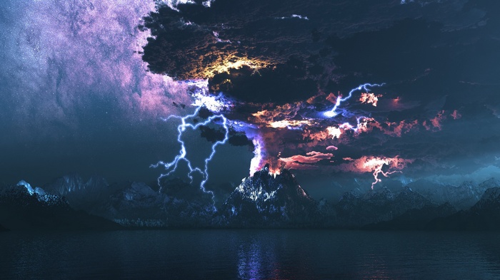 Lightning strikes a volcanic mountain over a lake