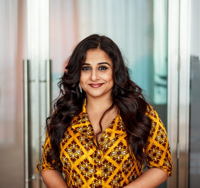 Vidya Balan in a yellow printed shirt