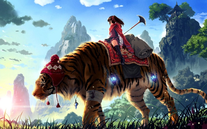 Anime girl riding a tiger with a weapon