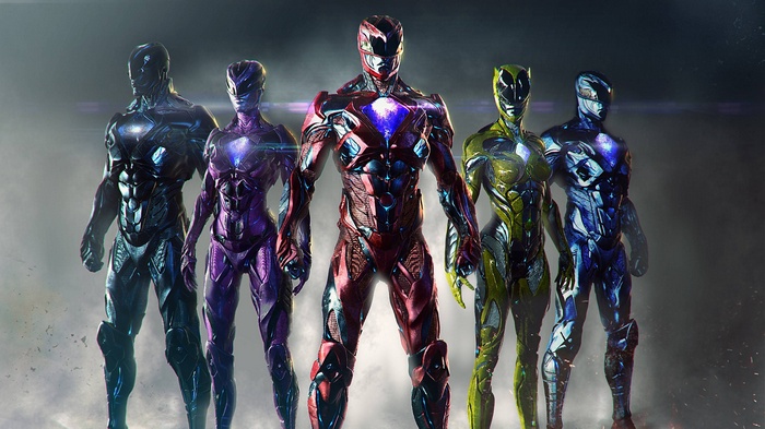 Five Power Rangers in futuristic armor