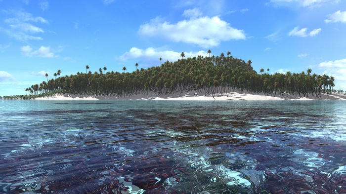 Tropical island with palm trees and clear ocean water