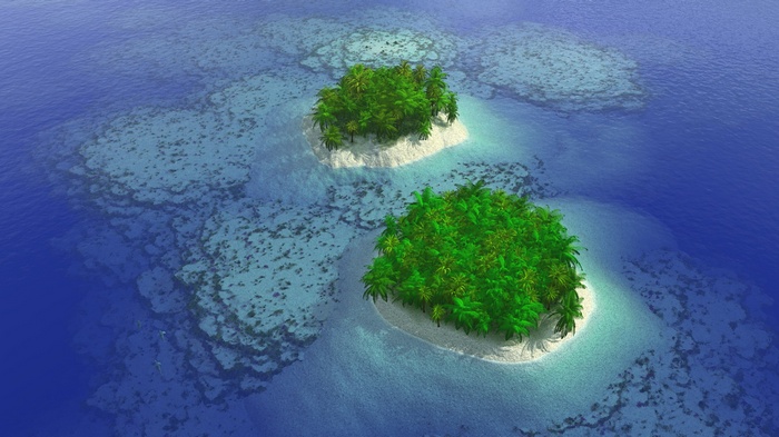 Tropical islands in clear blue ocean with coral reefs