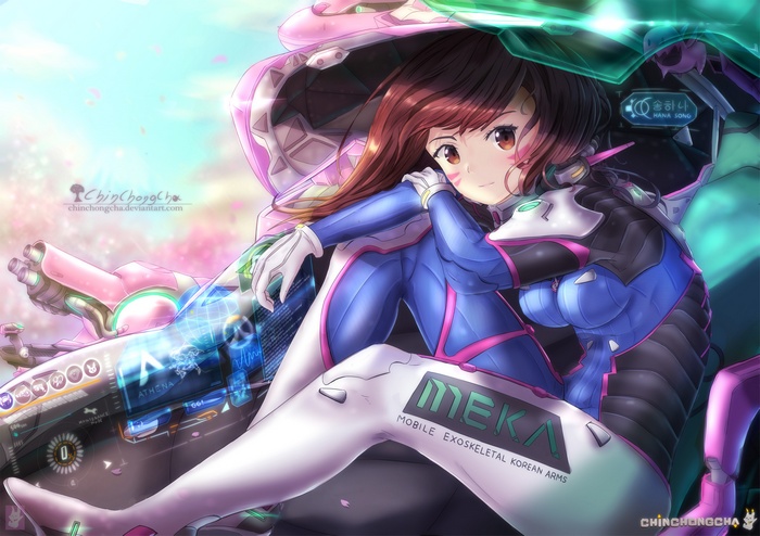D.Va from Overwatch sitting on her MEKA