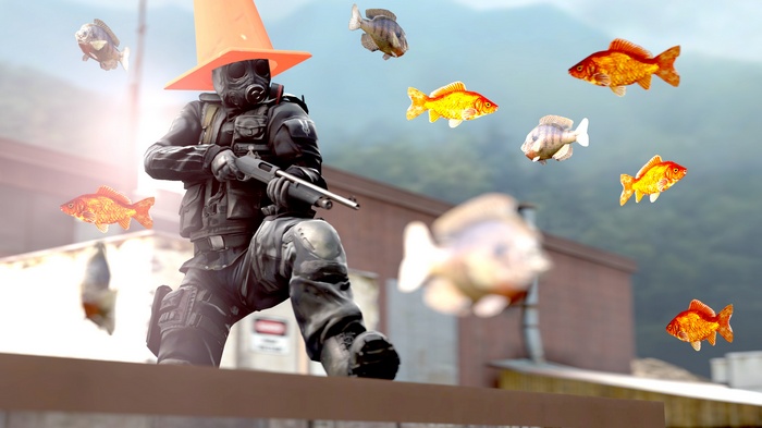 Counter-Strike: Global Offensive character with cone and fish