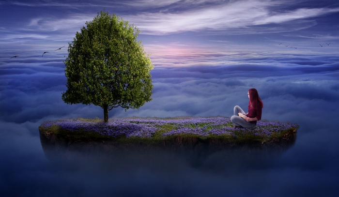 4K Island with Tree and Woman Reading