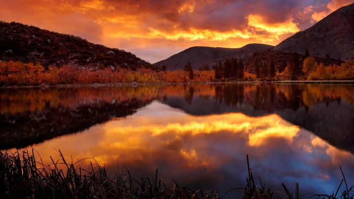 Lake reflection at sunset with autumn trees