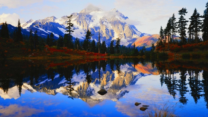 Snow-capped mountain reflected in a calm lake