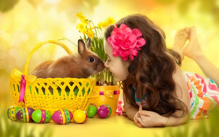 Girl and Easter Bunny with Eggs