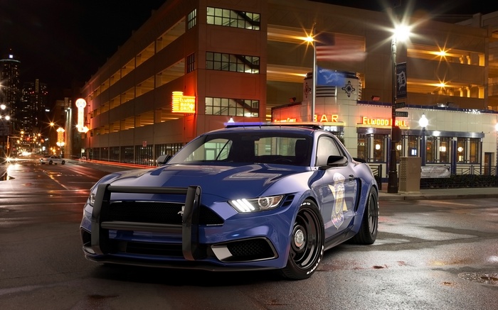 Blue Ford Mustang Police Car at Night