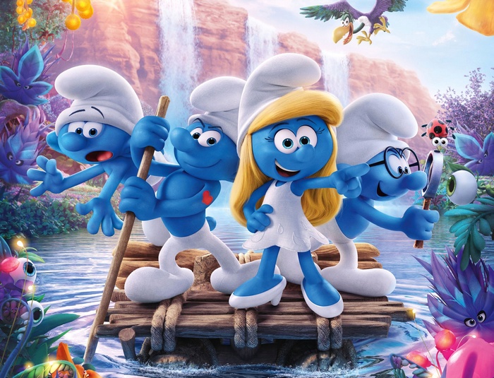 Smurfette, Hefty Smurf, Clumsy Smurf, and Brainy Smurf on a raft