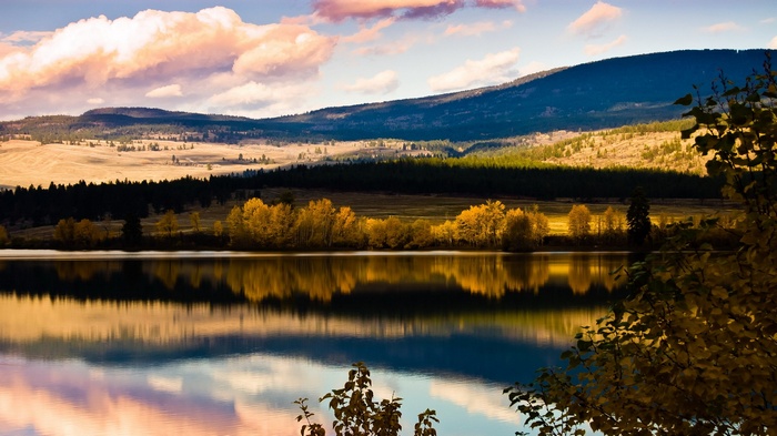Autumn trees reflected in a lake with mountains