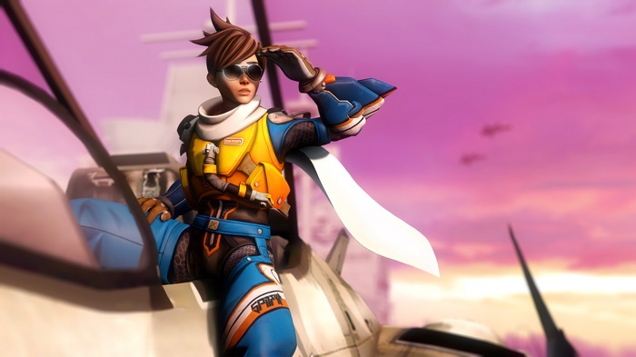 Tracer from Overwatch salutes on a ship