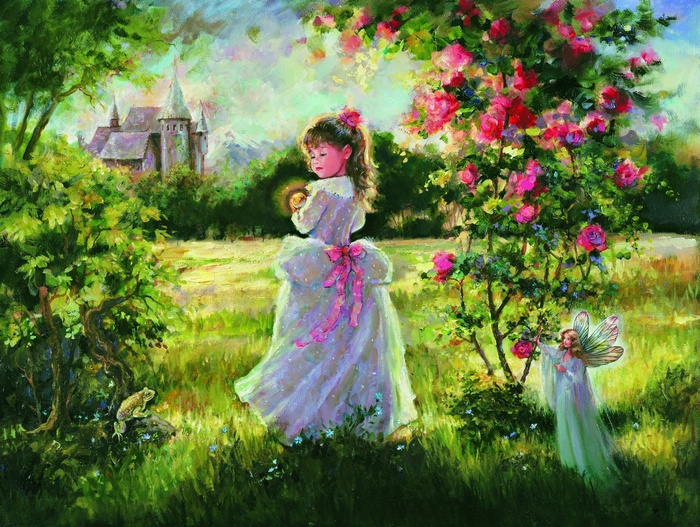 Girl in a garden with a fairy and a castle